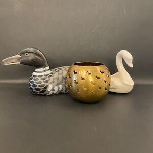 Vintage Wooden Duck, Brass Duck Candle, White Ceramic Swan Holder